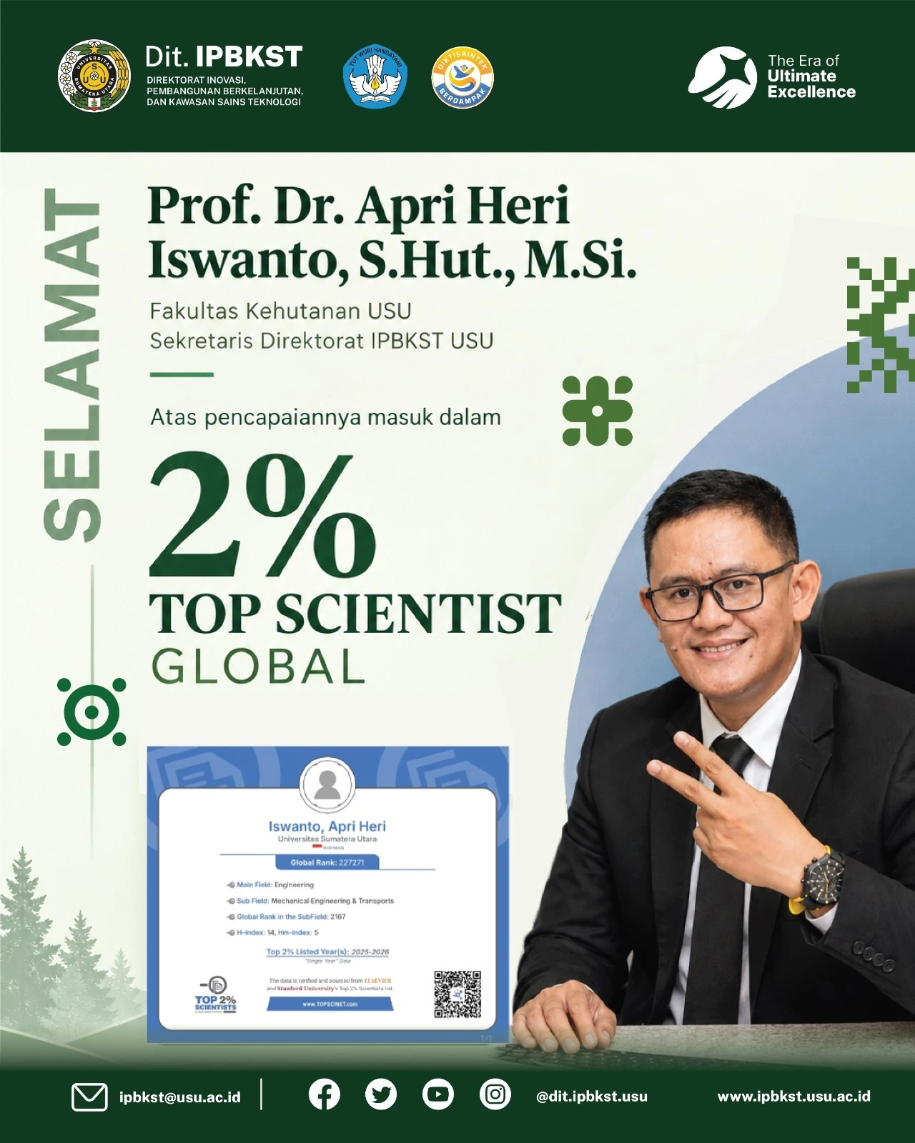 Sekretaris Direktorat IPBKST USU, Prof. Apri Heri Iswanto, Raih Pengakuan World’s Top 2% Scientists Periode 2025–2026